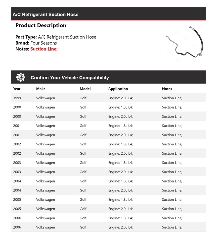 Manguera de succión de refrigerante aire acondicionado Volkswagen Golf 1999-2006 4 estaciones 2000 2001 Foto 2 de 4