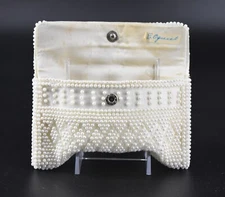 VTG Hand Beaded White Clutch Envelope Fold Over Wallet Satin Lining 5.75"