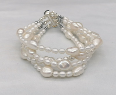 Damen Armband weiß echte Naturperlen 925 Silber mehrfädiges Muster
