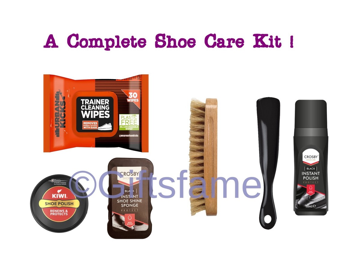 KIWI WHOLE COMPLETE SHOE CARE KIT SET Brushes Polish Sponge Liquid Wipes  Horn