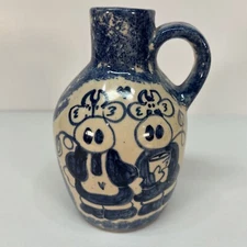 CMP Pottery Vintage Cobalt Spongeware Cow Couple Stoneware Jug Vase 6" Signed