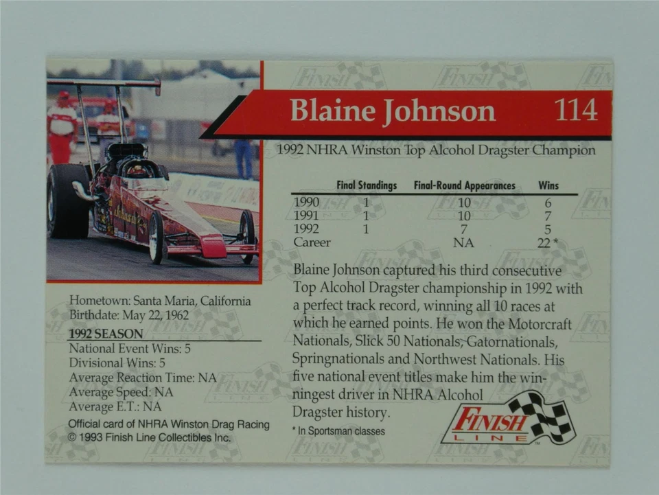 Blaine Johnson Signed 1993 Finish Line NHRA Trading Card #114 Autographed - Image 3 of 3