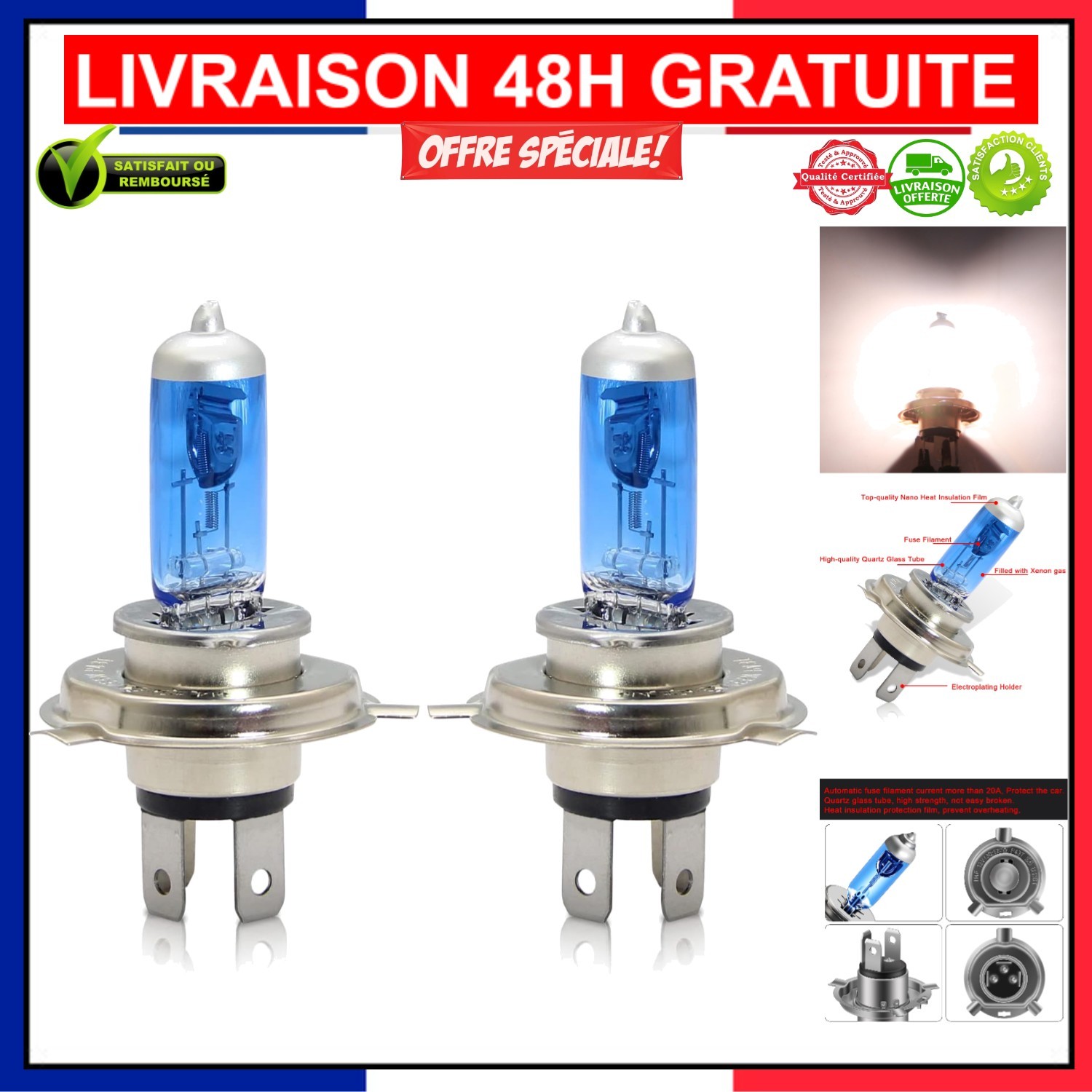 Ampoule H4 130W ultra blanche 6000K anti-fatigue oculaire