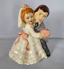 Vtg Ceramic Bride Groom Wedding Cake Topper Figurine Couple White Pink Gray