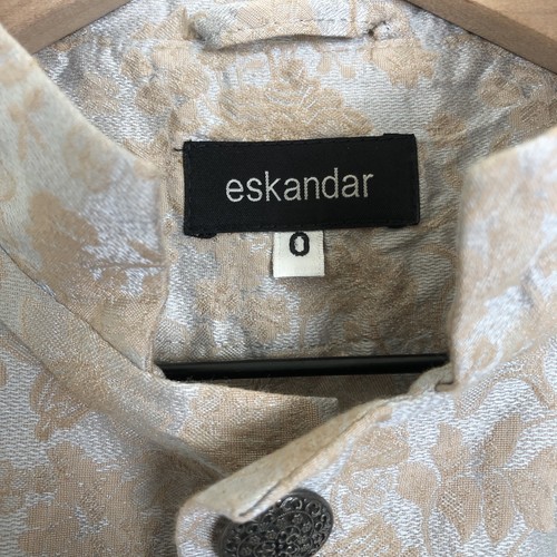 ESKANDAR Silk Cotton Mandarin Shirt Top Sz 0 S Blue Brocade Pockets Boxy Button - Picture 3 of 13