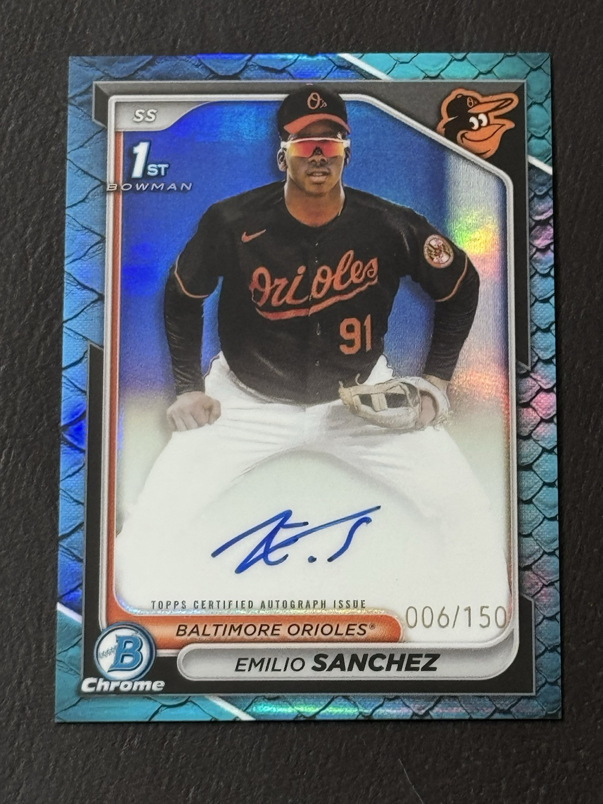Emilio Sanchez 2024 Bowman Chrome 1st Auto Blue Reptilian Refractor 006/150