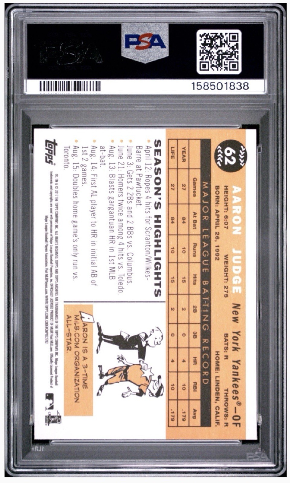 2017 Topps Archives #62 Aaron Judge RC ROOKIE YANKEES PSA 9 MINT view 2