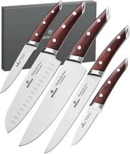 Brewin CHEFILOSOPHI Japanese Chef Knife Set 5 PCS with Elegant Red Pakkawood Han