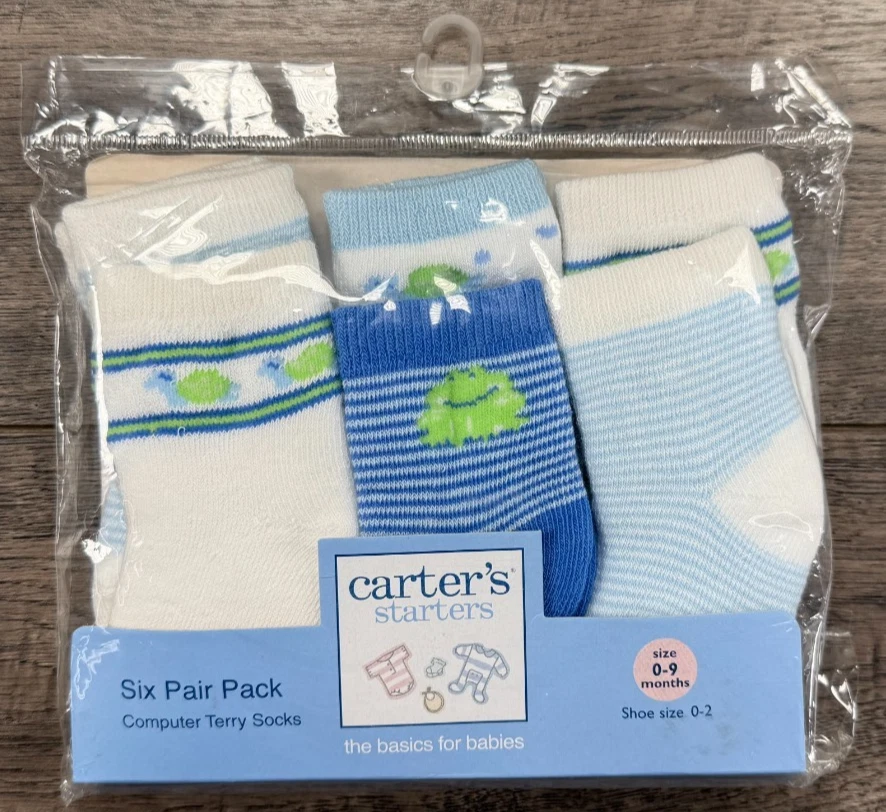 Baby Boy Clothes New Vintage Carter's 6pk 0-9 Month Frog & Turtle Socks