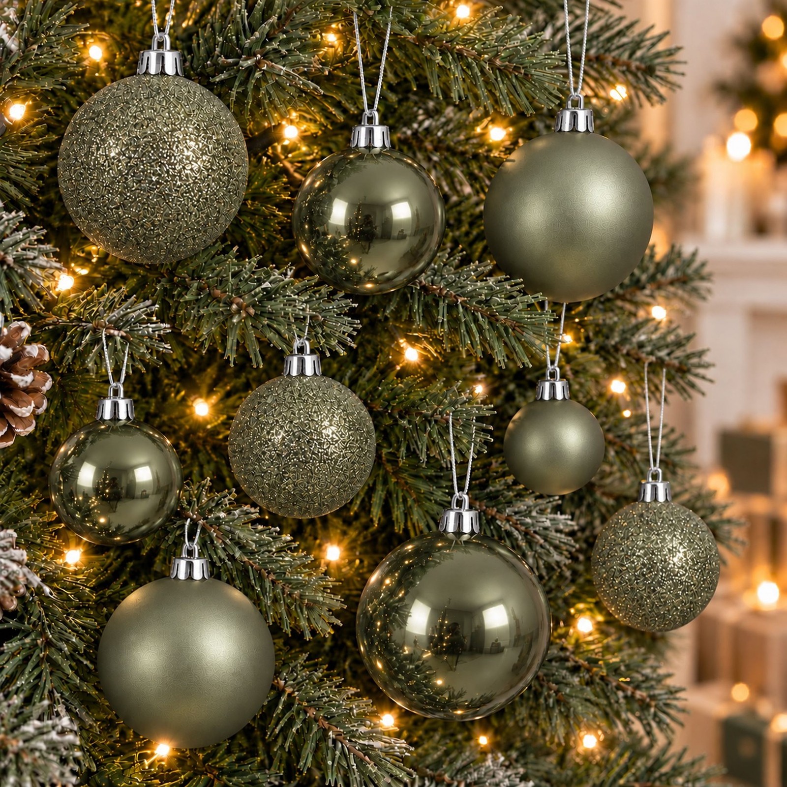 30 Christmas Tree Baubles Rosemary Green Shatterproof Ornaments Mix Size Finish