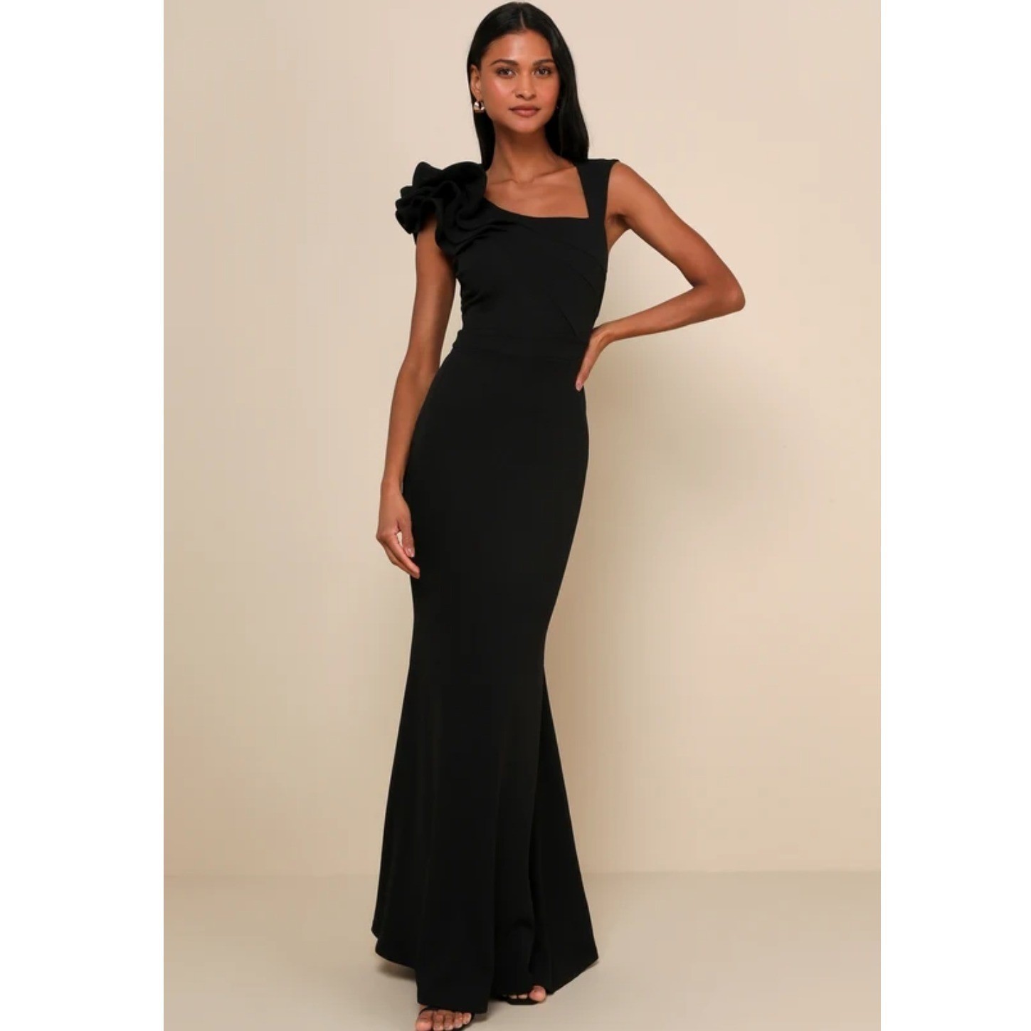 Lulus Lucette Black Sleeveless Ruffle Shoulder Mermaid Maxi Dress Gown Size XL