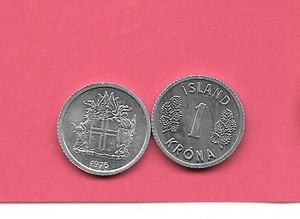 ICELAND KM23 1976 KRONA UNCIRCULATED-BU MINT-UNC ALUMINUM COIN