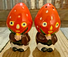 Vintage Strawberry Head Salt & Pepper Shakers Japan Anthropomorphic Fruit People