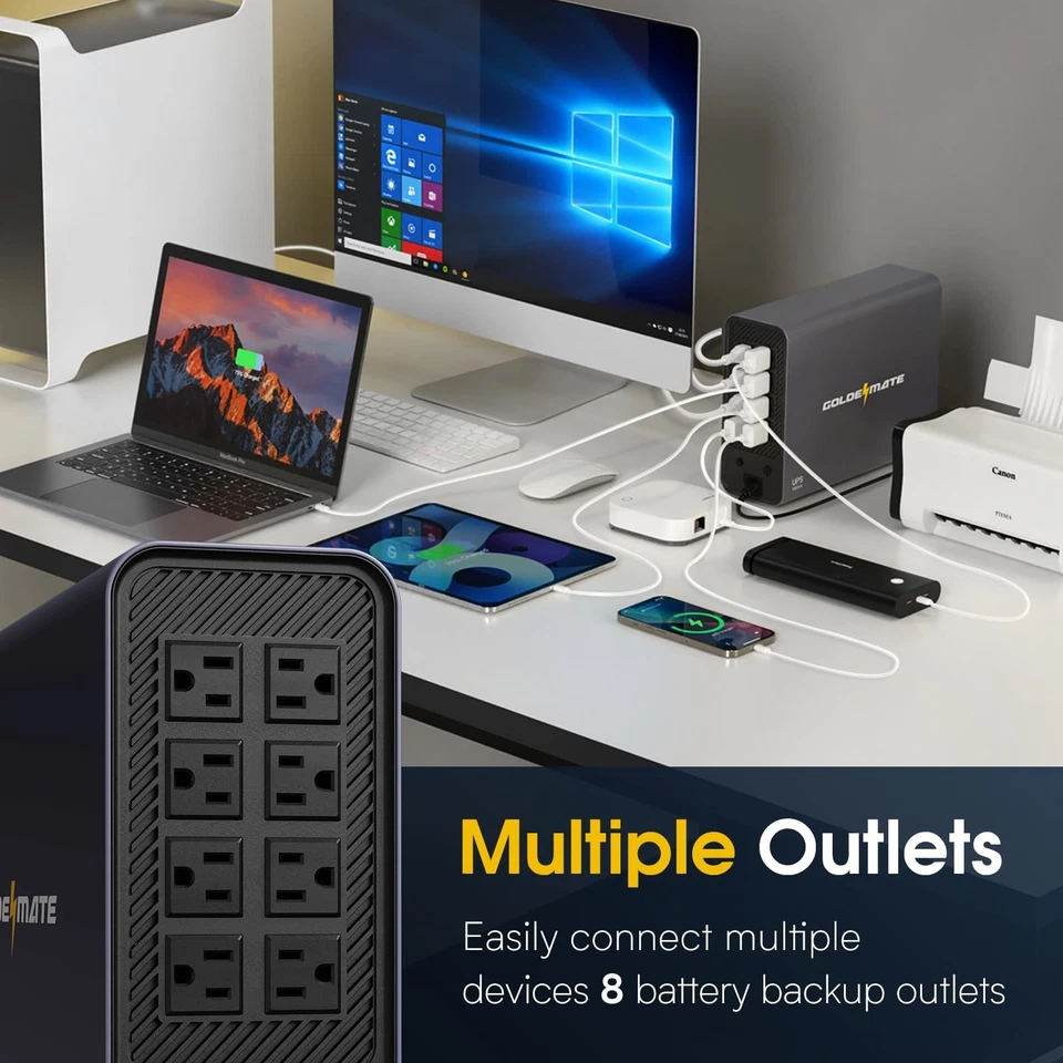 Batería de respaldo Goldenmate LiFePO4 UPS 1000VA/600W, onda sinusoidal pura para router de PC Foto 3 de 4