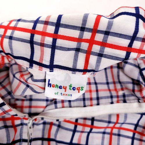 Vintage 70s Girls Jumpsuit Red Blue Check short Sleeve Pleated Zip Front Size? - Picture 16 of 17
