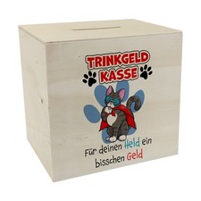 Spardose aus Holz für Trinkgeld mit Katze und Spruch: Für deinen Held ein