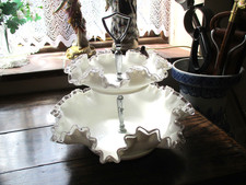 VINTAGE FENTON SILVERCREST MILKGLASS RUFFLED EDGE 2 TIER CAKESTAND '60s  LOVELY