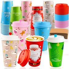 50 Pack Christmas Hot Coffee Cups with Lids Sleeves, 16 Oz Disposable Cups ...