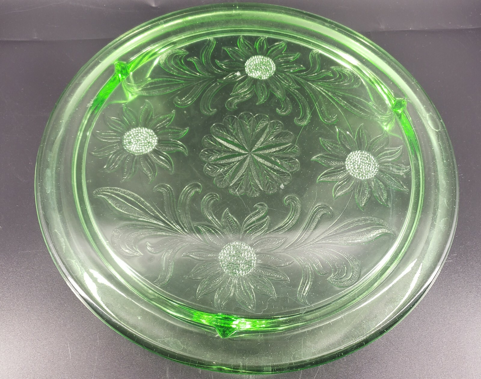 Vintage 1930's Green Depression Uranium Glass Cake Plate