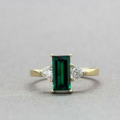 1ct Baguette Natural Emerald Three Stone 14k SOLID Yellow Gold Engagement Ring