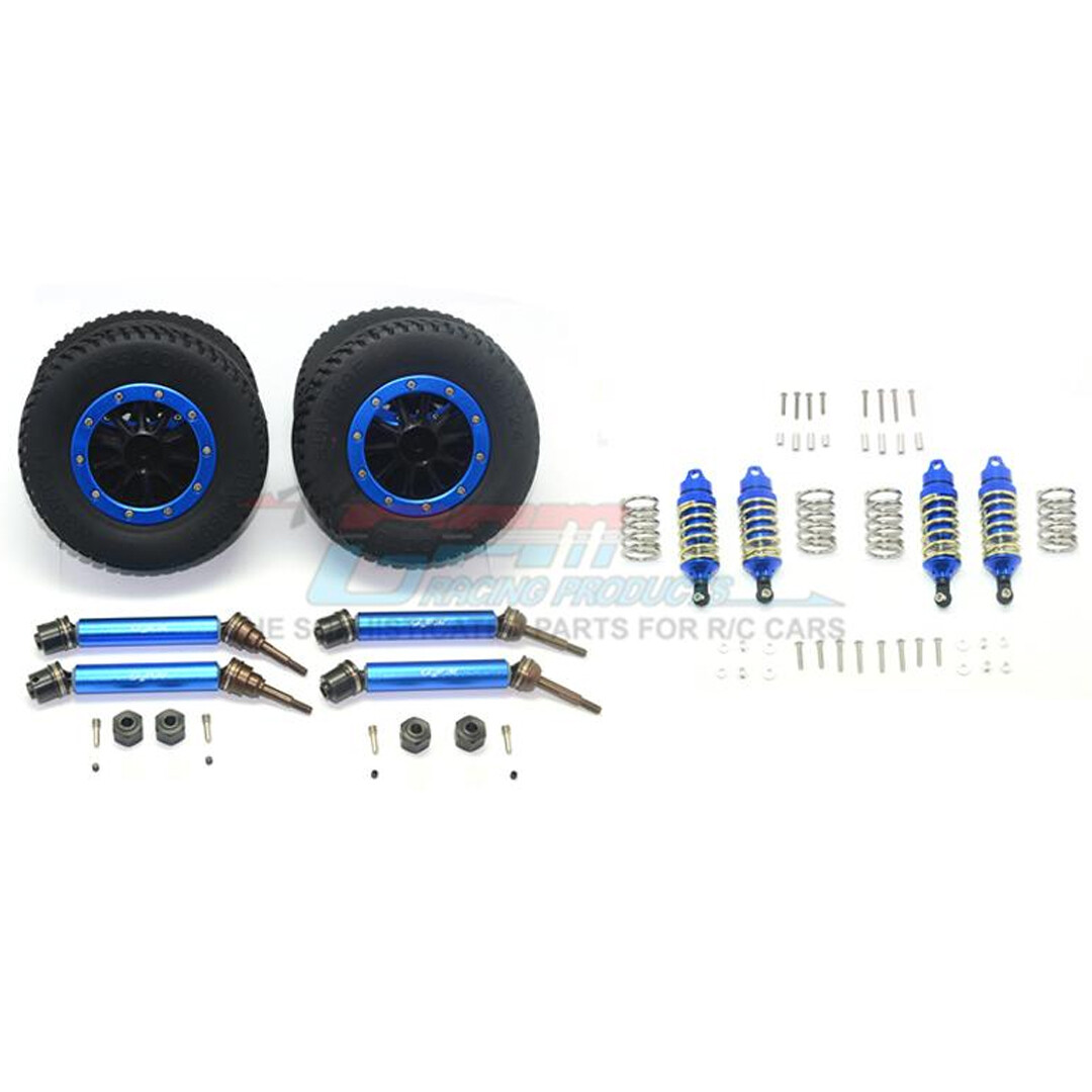 GPM F/R Alum Shocks+Steel #45 Axles+Spring Hex+Tires/Rim Blue