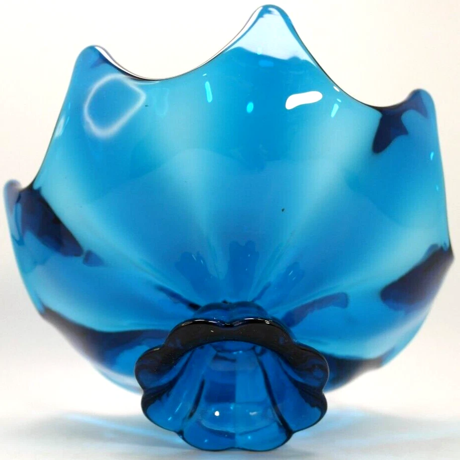 Plato de compota vintage vikingo soplado a mano 8 pétalos borde de loto épico azul aguamarina Foto 3 de 4