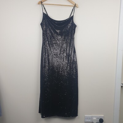 All Saints Kleid Damen UK 10 schwarz Hadley Pailletten Slip Wasserfallausschnitt 90er Y2K Party