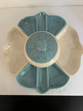 California Pottery Lidded Chip & Dip Set Turquoise and Cream 6 Piece Set L42