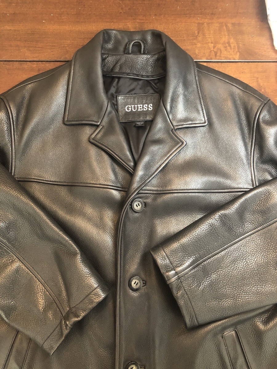 GUESS Black Genuine Leather Coat Men's Large