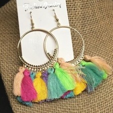 Tassel Hoop Pierced Earrings Dangle Peach Yellow Pink Purple Blue Green BoHo