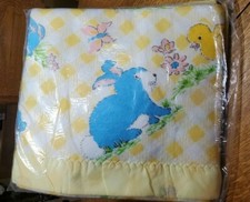 Vintage Baby Blanket Satin Trim Bunnies, Duckies Butterflies NOS