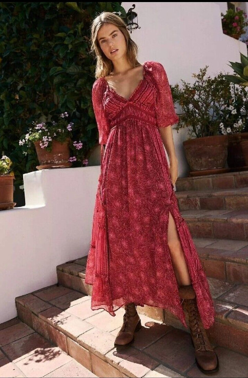 Nuevo: Maxi Vestido Free People You're A Jewel Rojo Borgoña Rosa Talla S Precio de venta sugerido por el fabricante £158