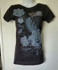 New Guess Jet Black Silver T-shirt  Small S Roses