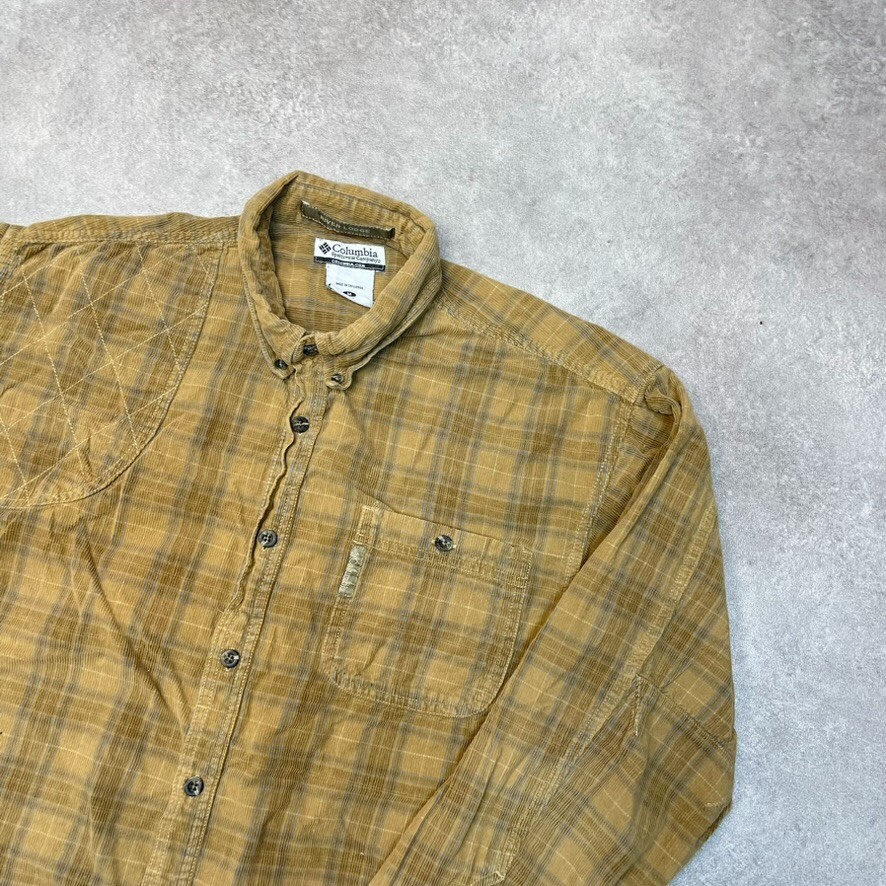 Columbia Corduroy Shirt Mens Medium Checkered 100% Cotton River Lodge, Beige image 2
