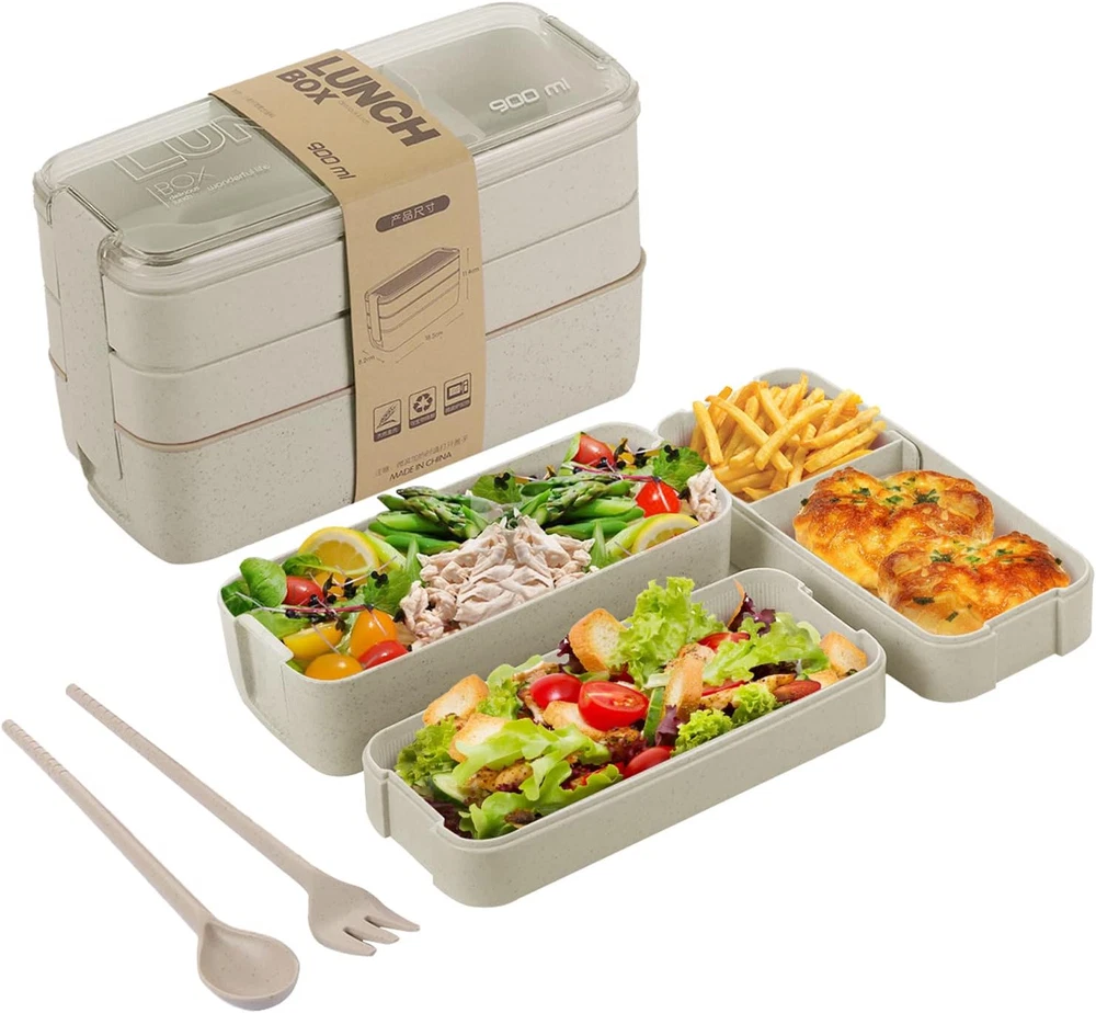 Bento Box for Adults, 3-In-1 Meal Prep Container, 900ML Japanese Lunch Box with