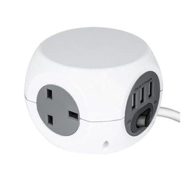3-fach Würfel Steckdose mit 3 USB Ports - Weiß - 1,4m Verlängerungskabel Ladegerät