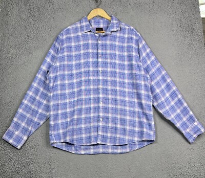 Untuckit Shirt Men XL Blue Tartan Plaid Wrinkle-Resistant Linen Slim Fit Berardo