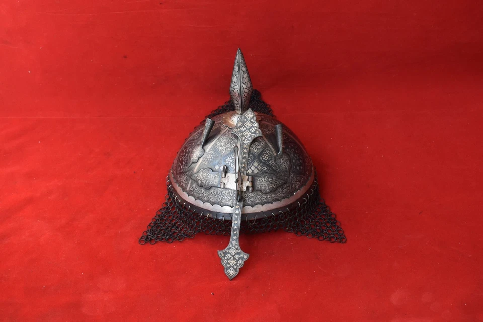 Casco estilo vintage mogol islámico otomano coránico plata damascena Khula Khud Foto 3 de 4