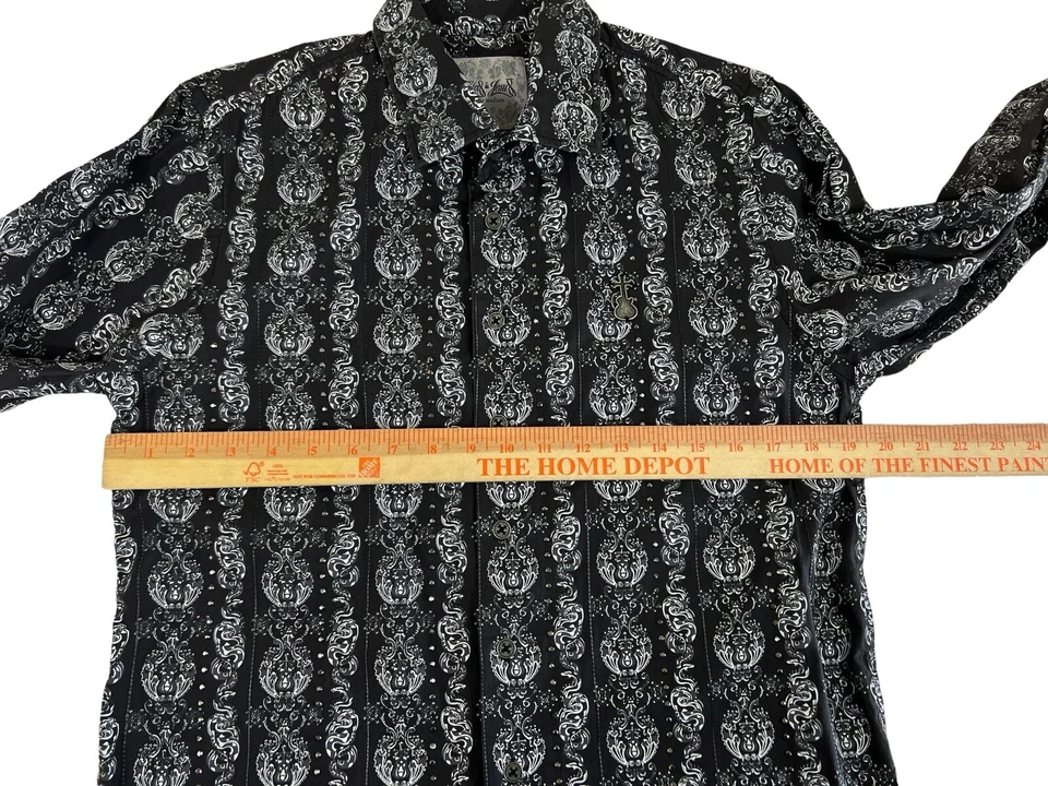 Camisa Elvis Jesus Hombres Negra Manga Larga Abotonada Estrás Talla M Estampado Guitarra  Foto 3 de 4