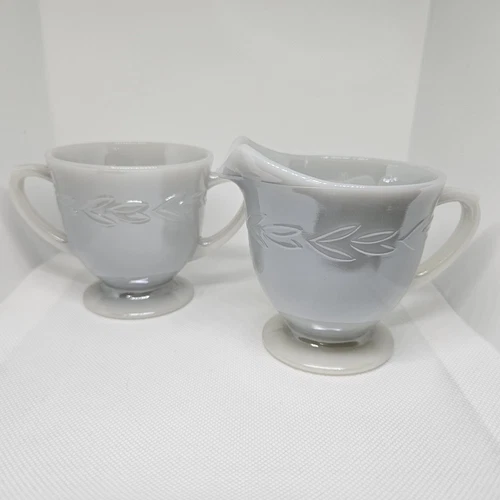 Vintage Fire King Oven Ware Gray Laurel Leaf Lusterware Creamer & Open Sugar USA