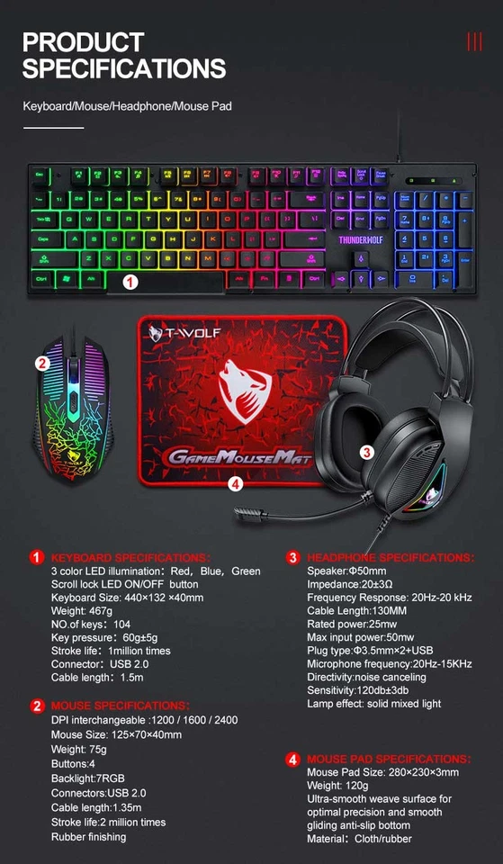 4 in1 PC Gaming Keyboard Mouse & Headset Set RGB LED Gamer Bundle and Mouse Pad - Image 4 of 4