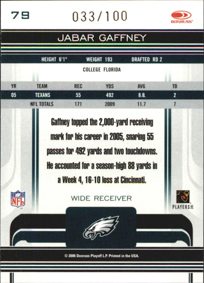 2006 Donruss Gridiron Gear Gold Holofoil O's #79 Jabar Gaffney /100 - FB - Image 2 of 2