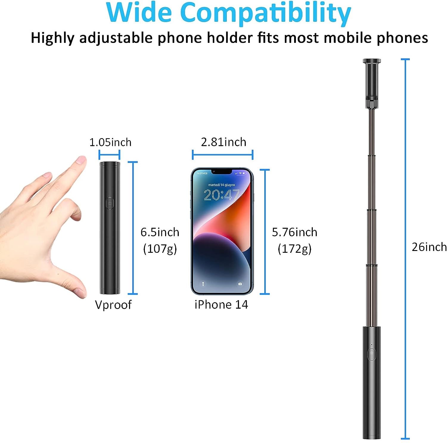 Selfie Stick Wireless Lightweight Aluminum Remote Shutter for Cell Phones