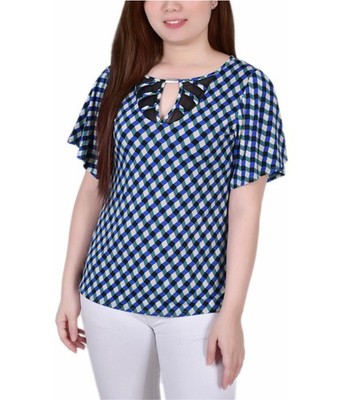 NY Collection Womens Mesh Flutter Knit Blouse, deeplakelimoges, Petite, PM