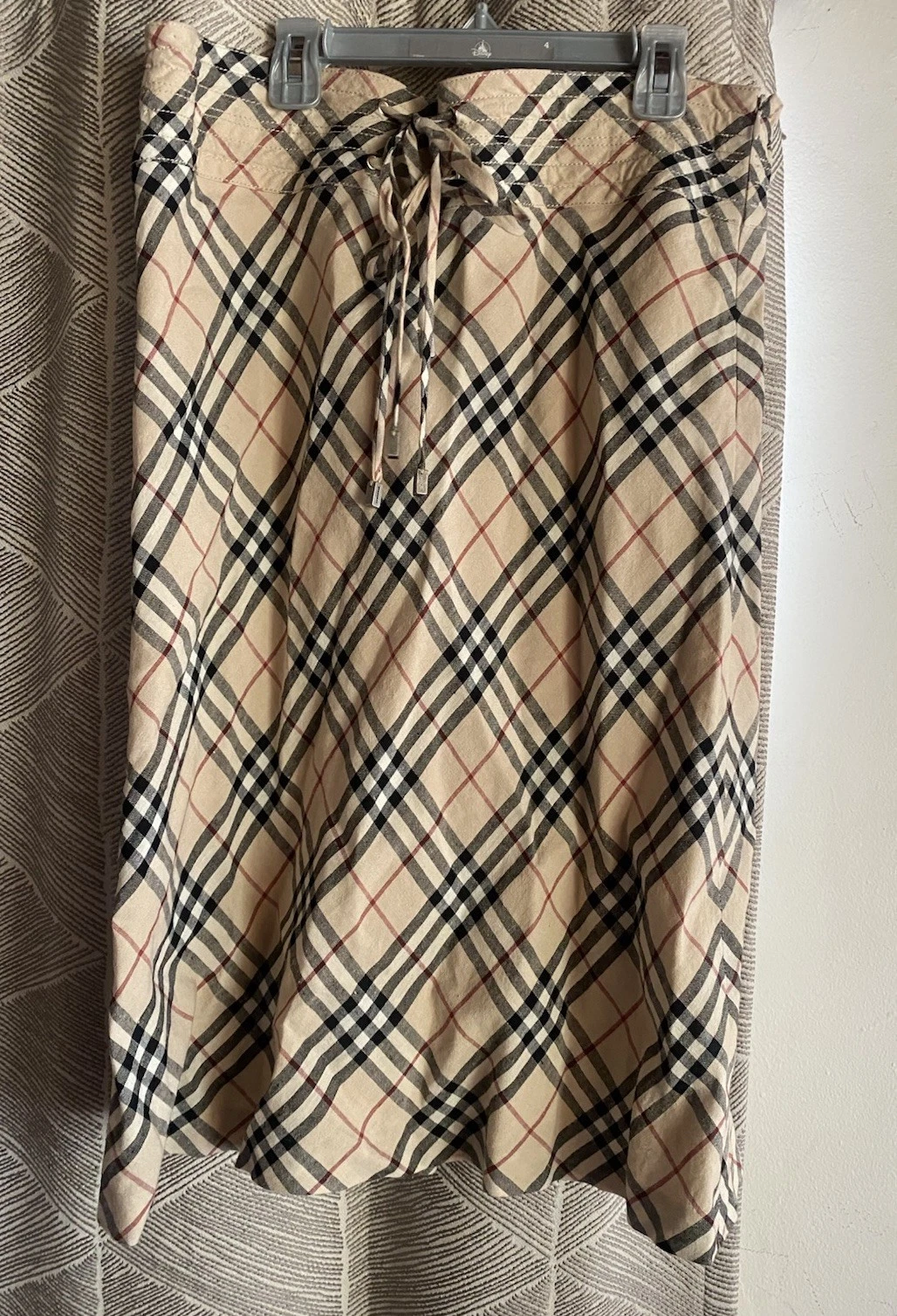 Burberry London Plaid Nova Check Skirt Beige 100% Linen Drawstring Sz 12