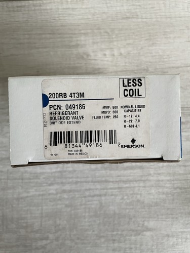 Emerson Refrigerant Solenoid Valve 3/8 ODF Extend Less Coil 200RB 4T3M Brand New - Picture 2 of 8