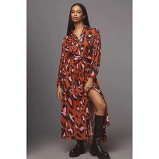 Farm Rio Long Sleeve Collared Midi Shirt Dress Leopard Print Belted