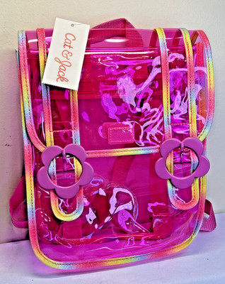 Pink Plastic Stadium Backpack with Handle Glitter Trim See Through 11x9x3  tote