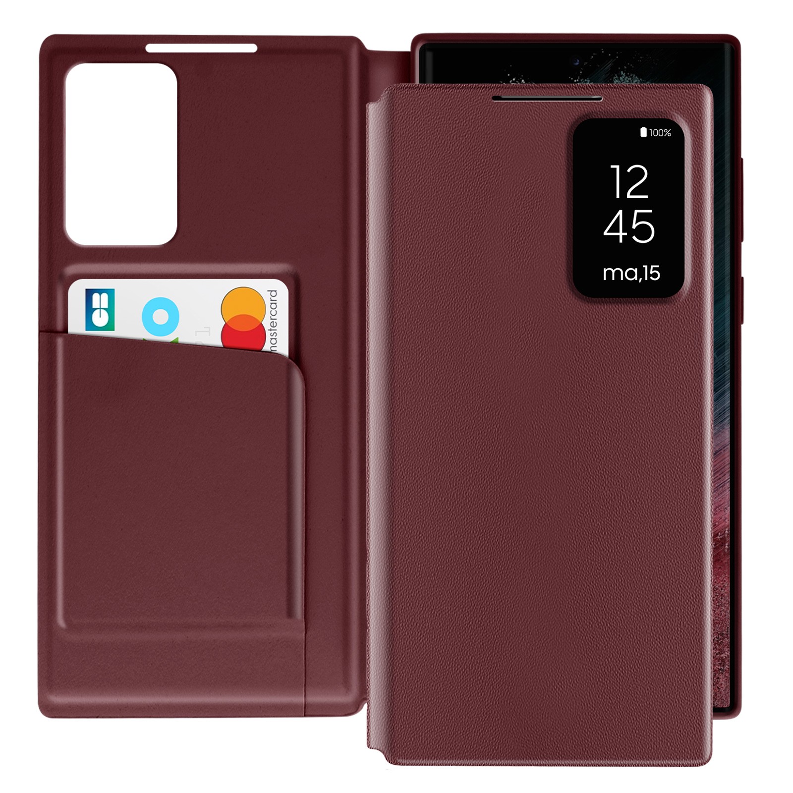 Étui cuir Galaxy S22 Ultra bordeaux fenêtre notification protection portefeuille
