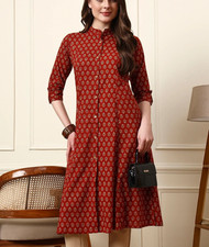 XS to 7XL Maroon Floral Cotton Kurta Women Mandarin Collar A-Line Ethnic Wear